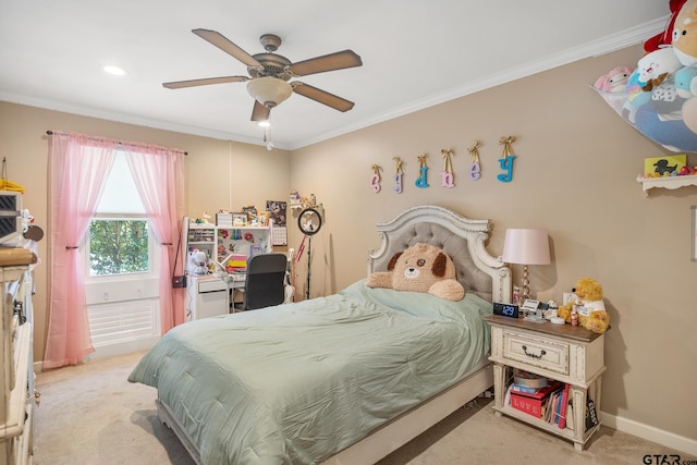 bedroom with ornamental molding, light carpet, and ceiling fan