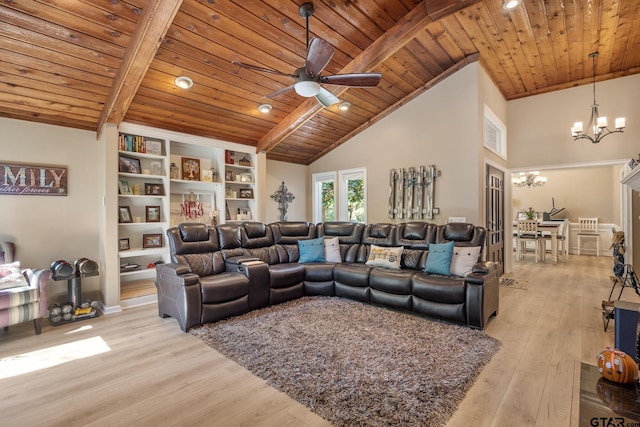 living room featuring ceiling fan with notable chandelier, beam ceiling, high vaulted ceiling, wood ceiling, and light hardwood / wood-style flooring