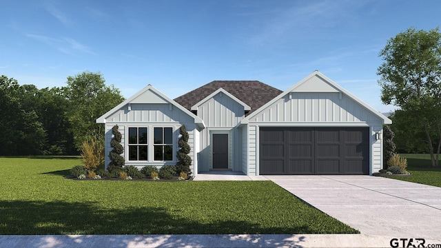 modern farmhouse style home with driveway, roof with shingles, an attached garage, board and batten siding, and a front yard