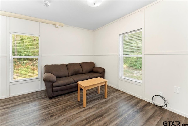 living room with plenty of natural light, crown molding, and dark wood-type flooring