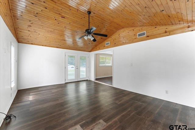 spare room featuring dark hardwood / wood-style floors, wood ceiling, and french doors