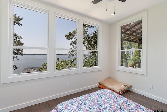 bedroom with ceiling fan and dark hardwood / wood-style flooring