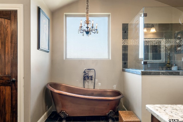 4180 N Smith Rd, Rockwall, TX 75087 - bathroom with a soaking tub, tiled shower, a chandelier, and vanity