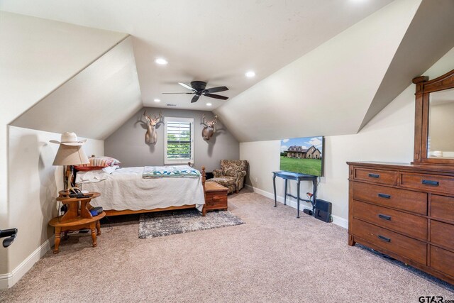 4180 N Smith Rd, Rockwall, TX 75087 - bedroom with light colored carpet, a ceiling fan, lofted ceiling, and recessed lighting