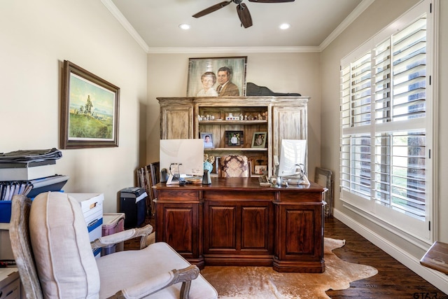 4180 N Smith Rd, Rockwall, TX 75087 - office area featuring ceiling fan, crown molding, dark wood finished floors, and recessed lighting