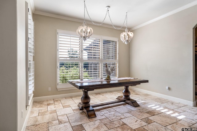 4180 N Smith Rd, Rockwall, TX 75087 - dining area featuring a chandelier, stone tile floors, ornamental molding, and arched walkways