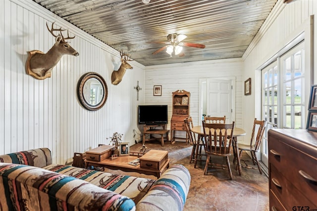 4180 N Smith Rd, Rockwall, TX 75087 - living room featuring ceiling fan and wooden walls
