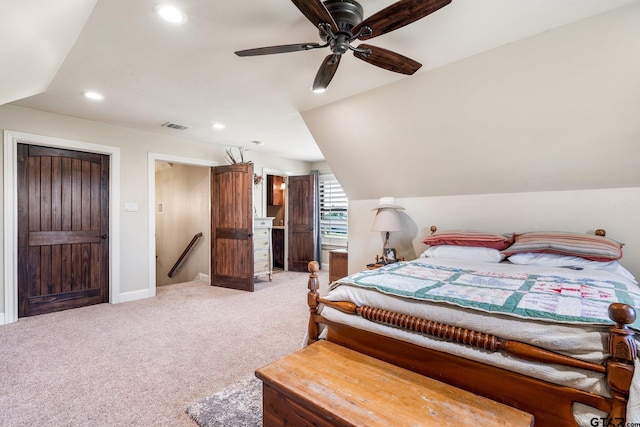 4180 N Smith Rd, Rockwall, TX 75087 - bedroom with light carpet, recessed lighting, vaulted ceiling, and a ceiling fan