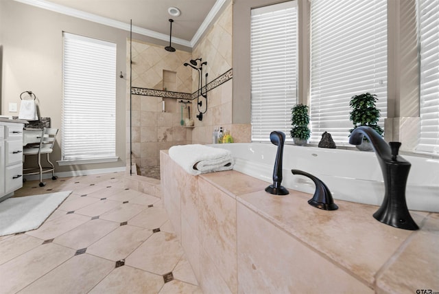 bathroom featuring vanity, a tile shower, and crown molding