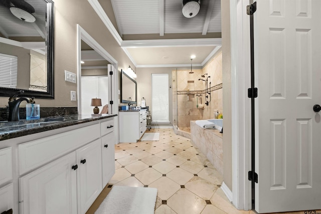 bathroom featuring vanity, plus walk in shower, and crown molding