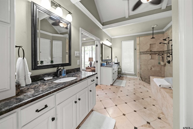 bathroom featuring separate shower and tub, crown molding, vanity, lofted ceiling, and ceiling fan