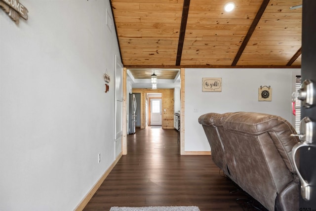 corridor with vaulted ceiling with beams, wood ceiling, and dark wood-type flooring