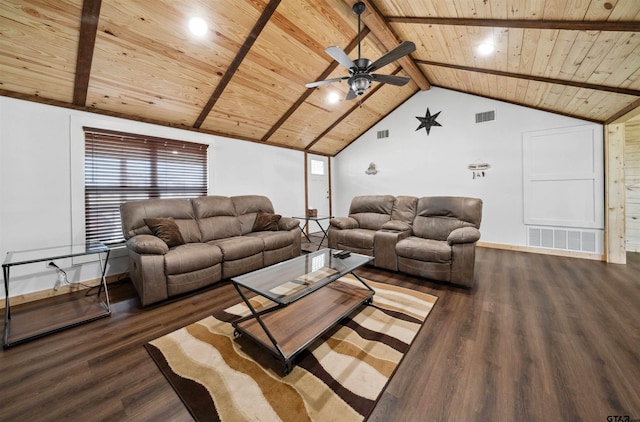 living room featuring lofted ceiling with beams, plenty of natural light, wooden ceiling, and dark hardwood / wood-style flooring