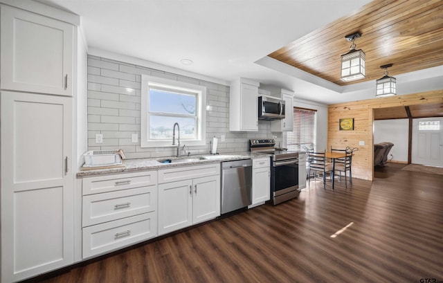 kitchen with pendant lighting, sink, white cabinetry, stainless steel appliances, and a raised ceiling