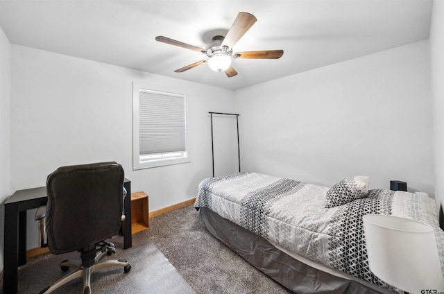 bedroom featuring ceiling fan and carpet flooring