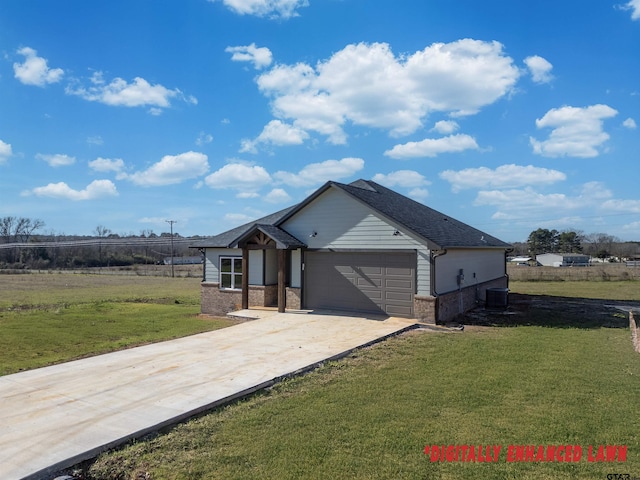 view of front of home with a garage, central air condition unit, and a front lawn