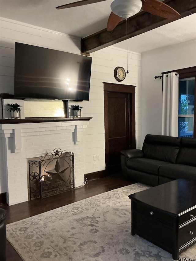 500 W Main St, Mount Vernon, TX 75457 - living room with wood finished floors, a brick fireplace, and ceiling fan