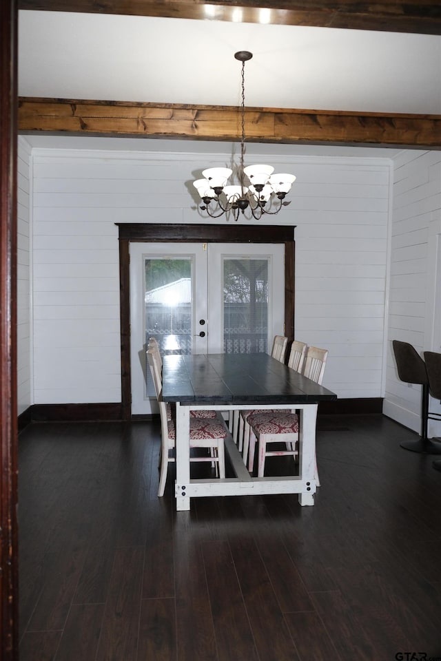 500 W Main St, Mount Vernon, TX 75457 - dining space with french doors, dark wood-style floors, baseboards, a notable chandelier, and wooden walls