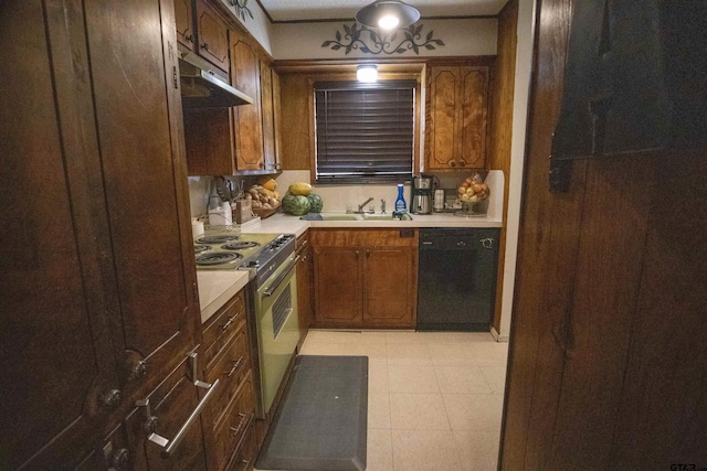 kitchen with sink, light tile patterned floors, black dishwasher, and electric stove