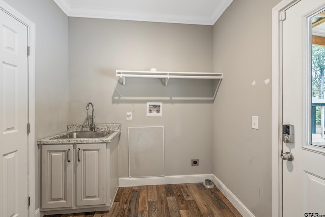 laundry room featuring a sink, cabinet space, washer hookup, electric dryer hookup, and dark wood-type flooring