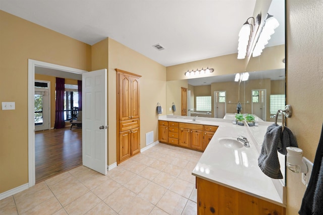 bathroom featuring hardwood / wood-style flooring, vanity, and a healthy amount of sunlight