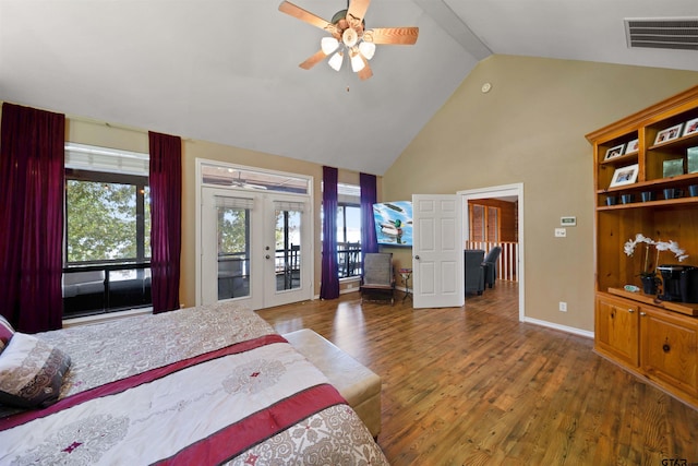 bedroom with high vaulted ceiling, access to outside, french doors, ceiling fan, and wood-type flooring