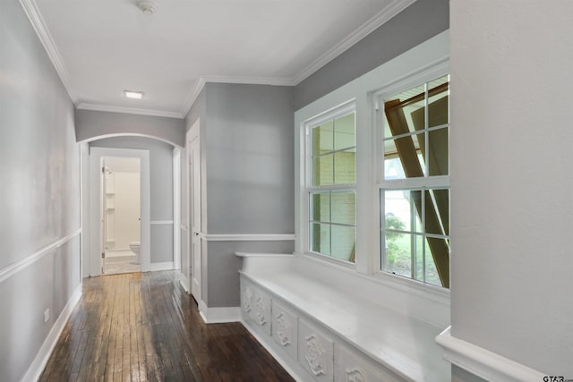 hall with dark hardwood / wood-style flooring, a wealth of natural light, and ornamental molding