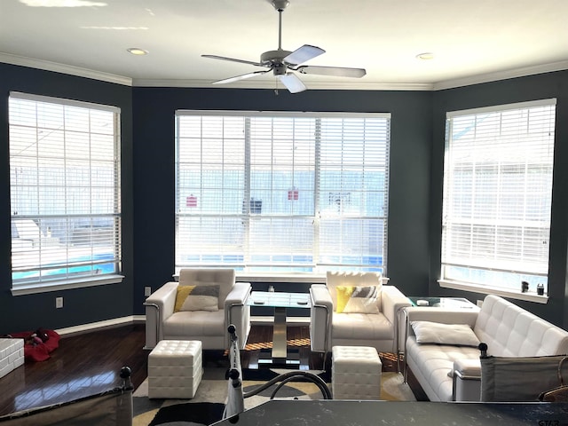 9112 Deerfield Dr, Tyler, TX 75703 - living room with ceiling fan, wood finished floors, crown molding, baseboards, and recessed lighting