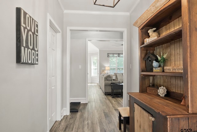 hall featuring ornamental molding and hardwood / wood-style flooring