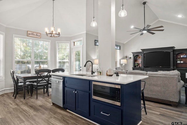 kitchen featuring appliances with stainless steel finishes, hardwood / wood-style floors, sink, an island with sink, and blue cabinets