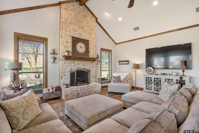 living room with beam ceiling, ceiling fan, high vaulted ceiling, and wood-type flooring