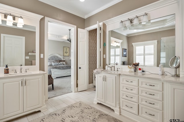 bathroom featuring vanity, tile patterned floors, ceiling fan, and ornamental molding