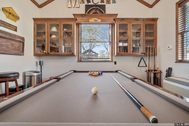 rec room featuring vaulted ceiling, a wall mounted AC, ornamental molding, and pool table