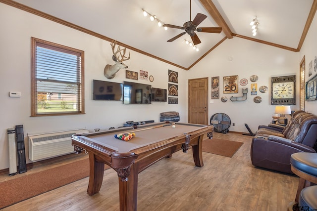 recreation room featuring high vaulted ceiling, ceiling fan, wood-type flooring, and pool table