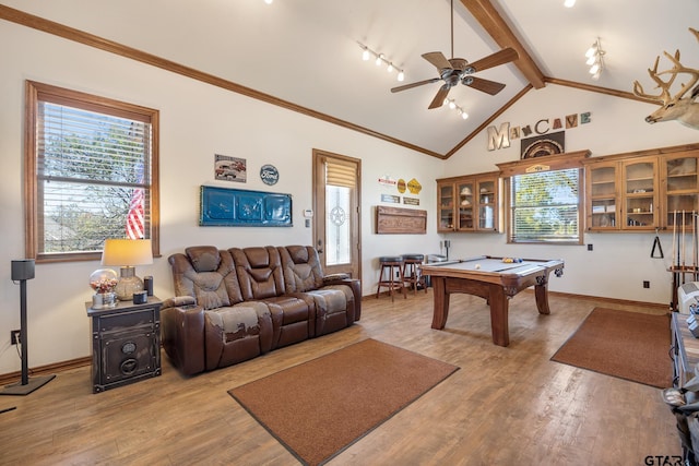 playroom featuring ceiling fan, beamed ceiling, high vaulted ceiling, light hardwood / wood-style floors, and pool table