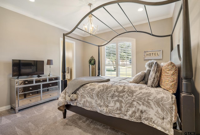 bedroom with carpet floors, an inviting chandelier, and crown molding