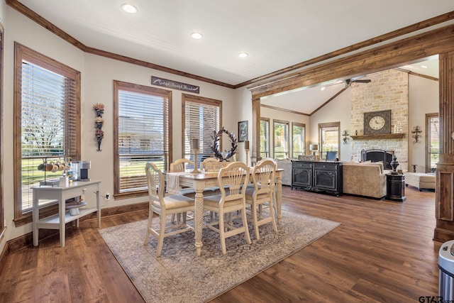 dining space featuring ceiling fan, dark hardwood / wood-style flooring, ornamental molding, and a fireplace