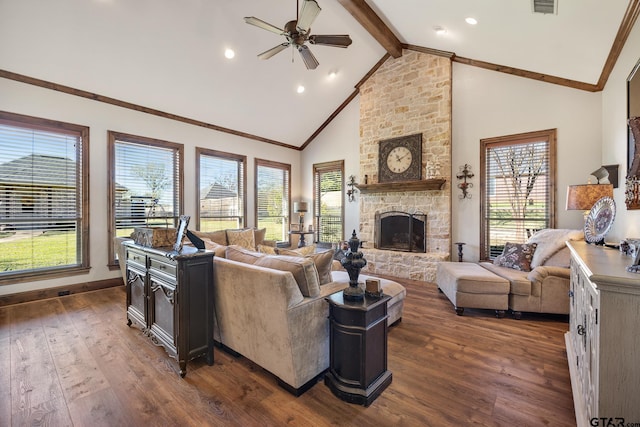 living room featuring high vaulted ceiling, dark hardwood / wood-style floors, ceiling fan, a fireplace, and beam ceiling