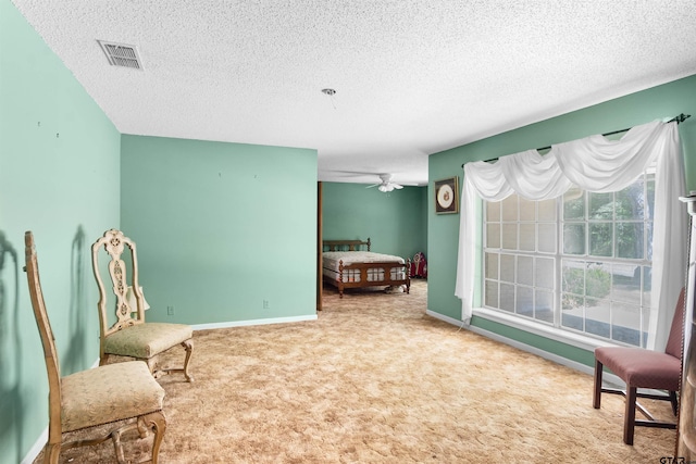 living area featuring ceiling fan, a textured ceiling, and carpet