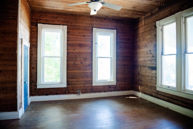 empty room with dark wood-type flooring, wooden walls, ceiling fan, and wooden ceiling