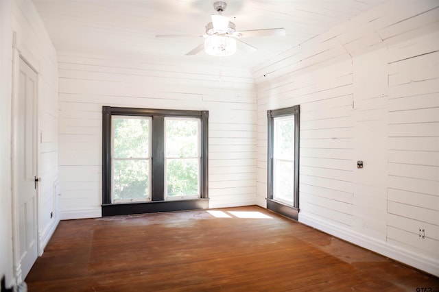 spare room with wood walls, a healthy amount of sunlight, and dark hardwood / wood-style floors