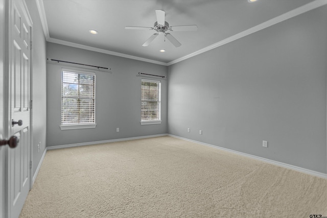 2312 Pinehurst Dr, Tyler, TX 75703 - spare room featuring carpet floors, ornamental molding, recessed lighting, baseboards, and ceiling fan