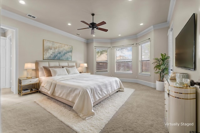 2312 Pinehurst Dr, Tyler, TX 75703 - bedroom featuring light colored carpet, recessed lighting, crown molding, baseboards, and ceiling fan