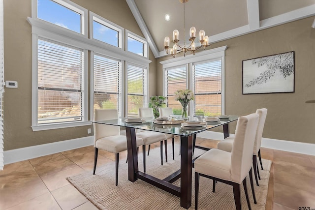 2312 Pinehurst Dr, Tyler, TX 75703 - dining space featuring baseboards, a chandelier, high vaulted ceiling, light tile patterned floors, and recessed lighting