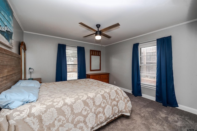 bedroom with ornamental molding, carpet flooring, and ceiling fan