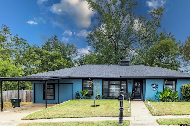 single story home with a front lawn