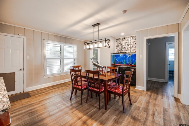 dining area featuring wood-type flooring and ornamental molding