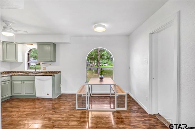 415 Lonestar Ln, Hideaway, TX 75771 - dining area with healthy amount of natural light, dark wood-style flooring, and a ceiling fan