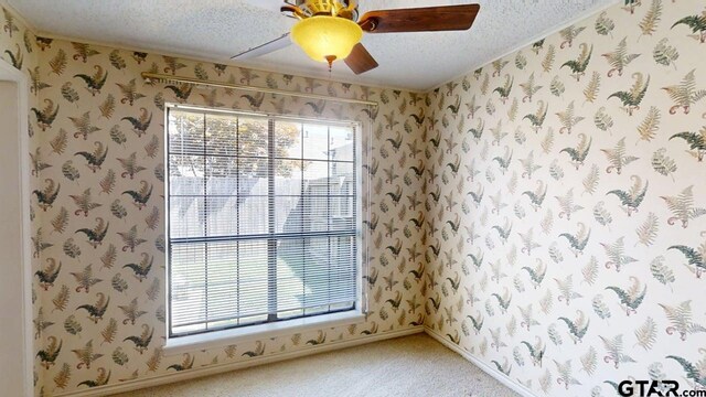 415 Amberwood Cir, Tyler, TX 75701 - spare room featuring a textured ceiling, healthy amount of natural light, light carpet, a ceiling fan, and wallpapered walls