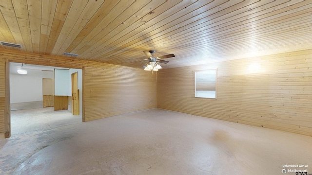 218 Lilly Ln, Bullard, TX 75757 - empty room with concrete floors, wood ceiling, ceiling fan, and wood walls